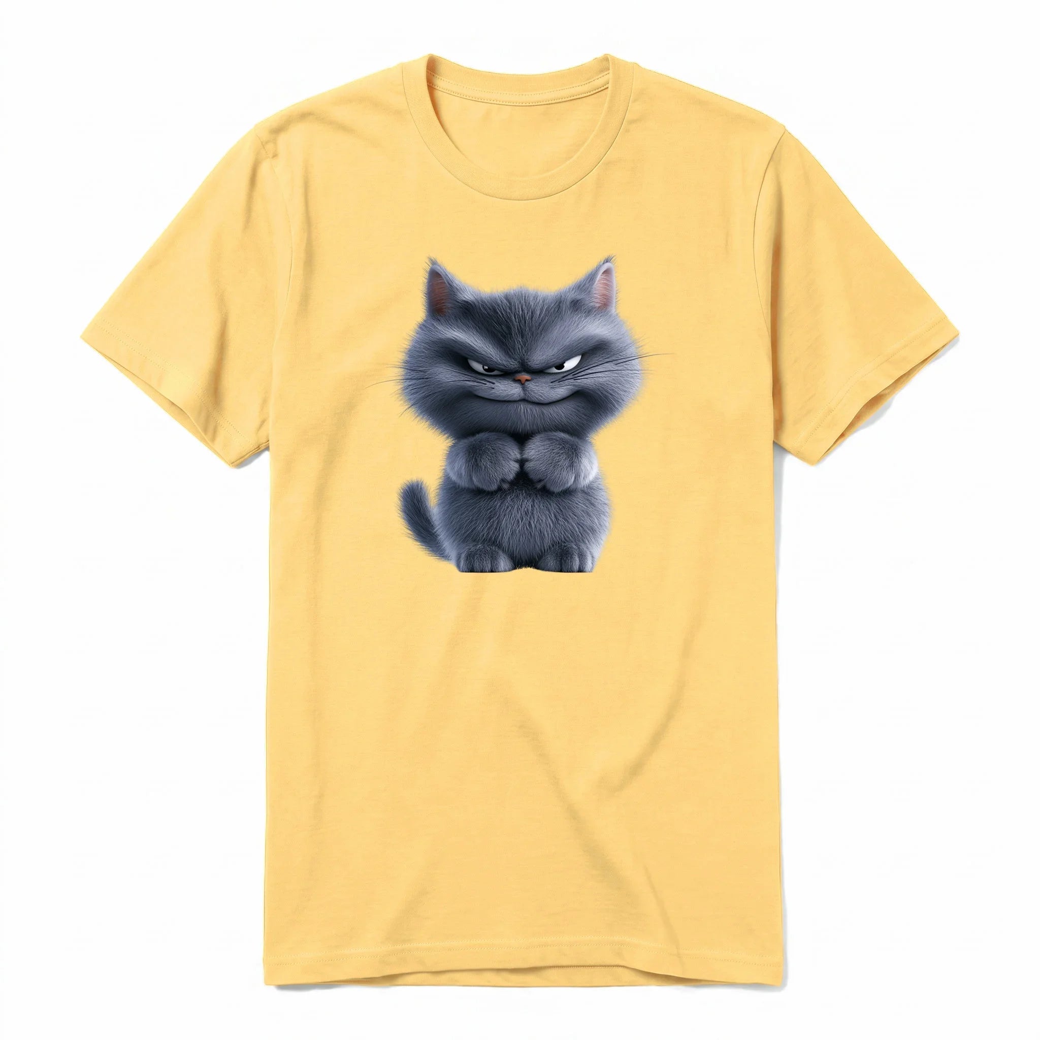 A mustard short-sleeve crewneck t-shirt for adult featuring a graphic of a cat on the front.