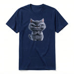 A navy short-sleeve crewneck t-shirt for adult featuring a graphic of a cat on the front.