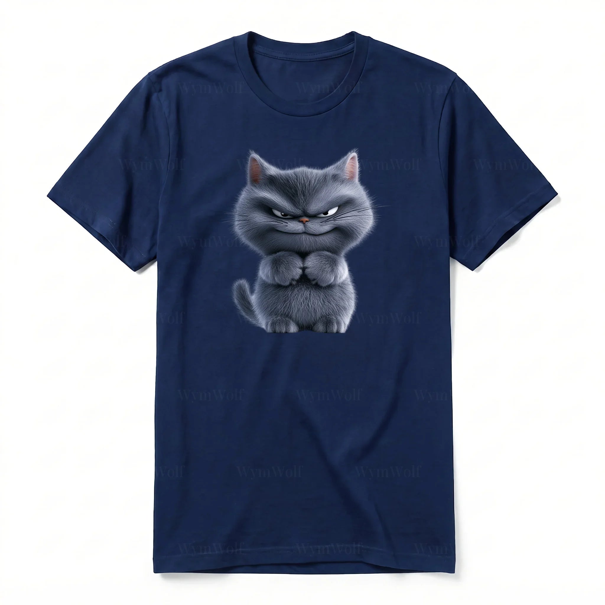 A navy short-sleeve crewneck t-shirt for adult featuring a graphic of a cat on the front.