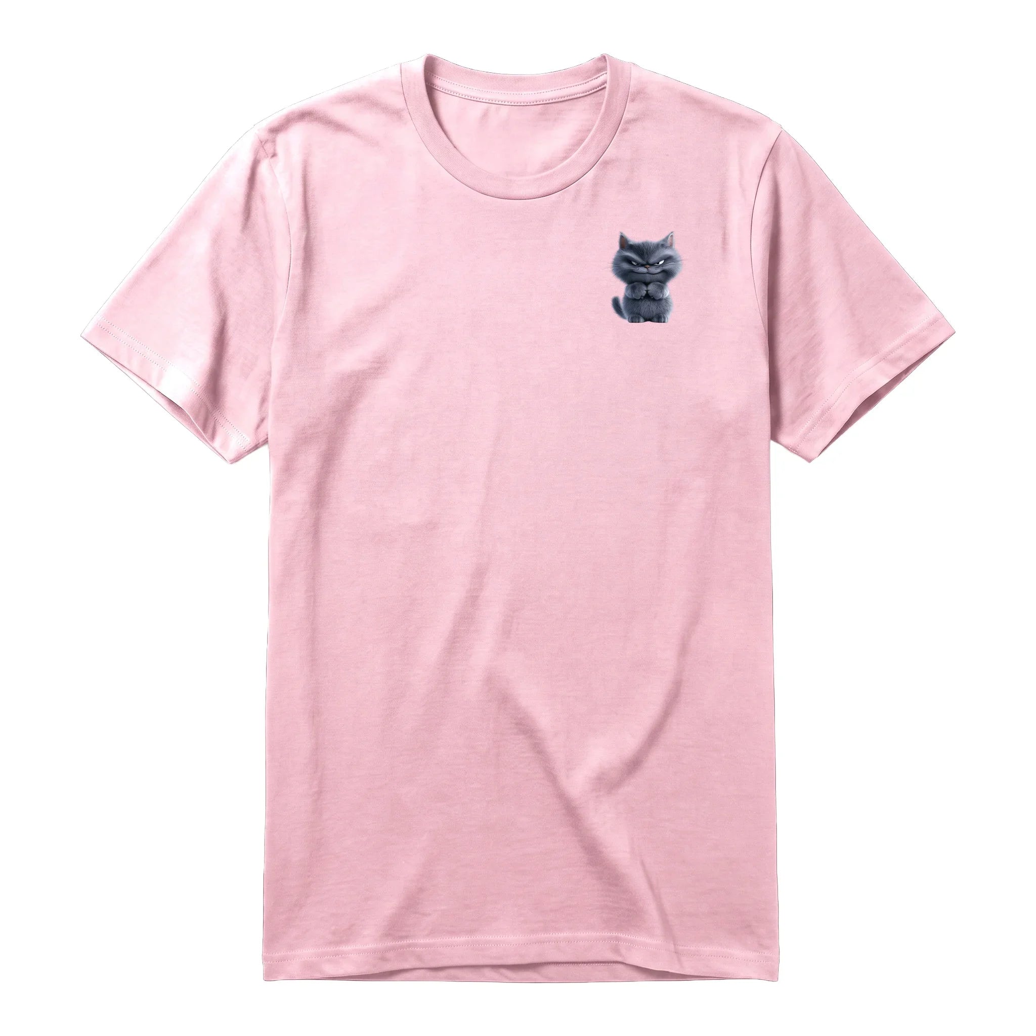 Un T-shirt rose à manches courtes et col rond, orné d'un motif représentant un chat sur la poitrine gauche.