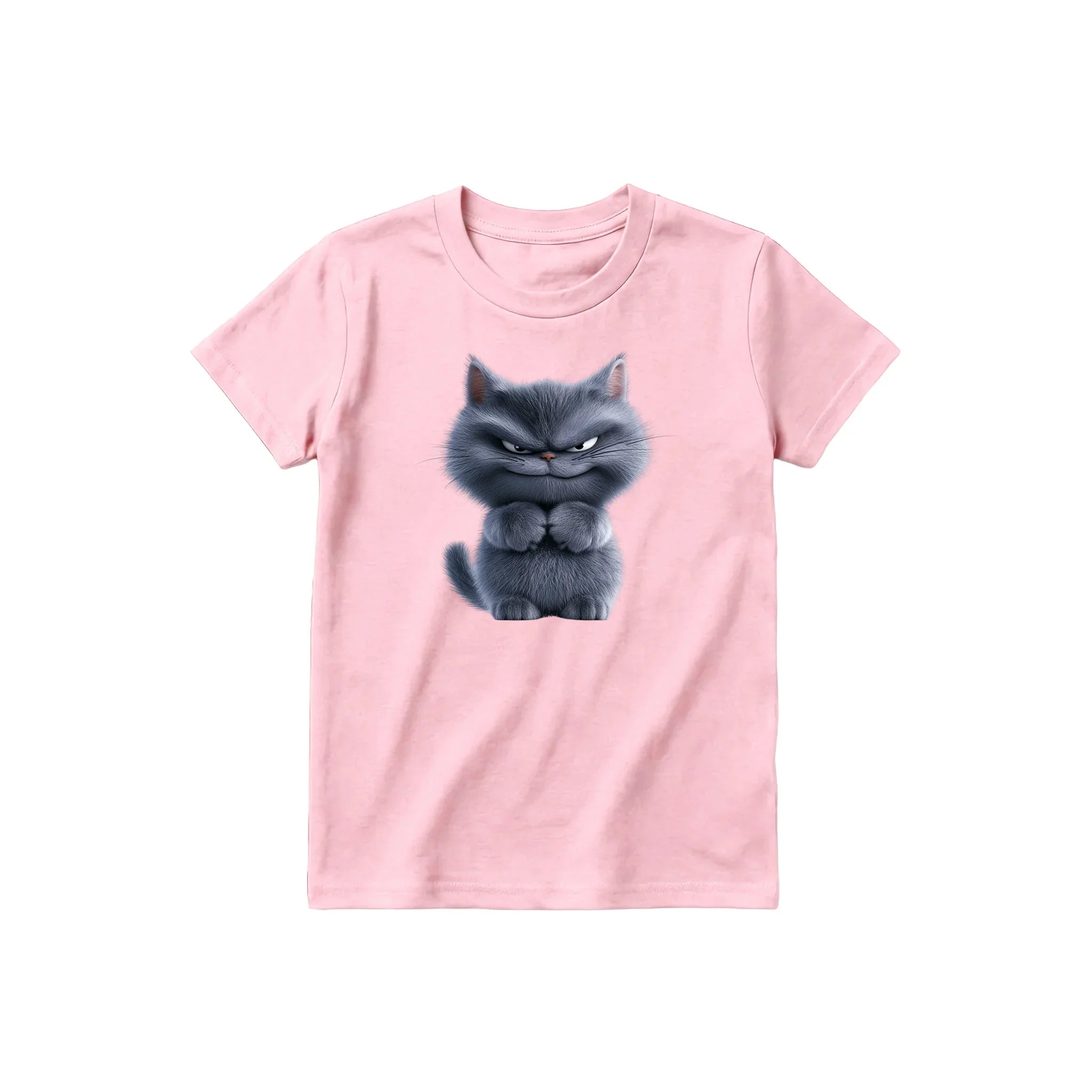 Un T-shirt rose à manches courtes et col rond pour jeune, orné d'un motif représentant un chat sur le devant.