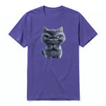 A purple short-sleeve crewneck t-shirt for adult featuring a graphic of a cat on the front.