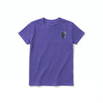 A purple short-sleeve crewneck t-shirt for youth featuring a graphic of a cat on the left chest.