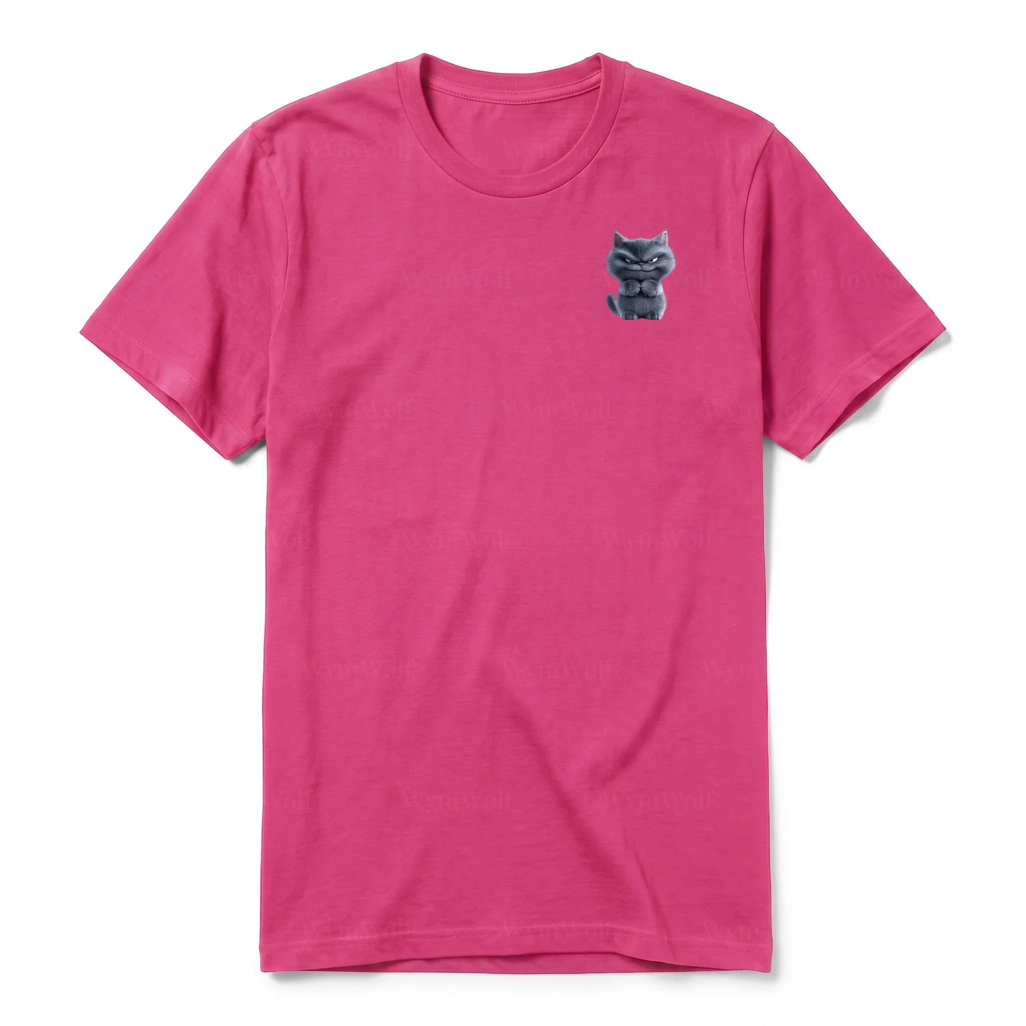 A raspberry short-sleeve crewneck t-shirt for adult featuring a graphic of a cat on the left chest.