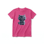A raspberry short-sleeve crewneck t-shirt for youth featuring a graphic of a cat on the front.
