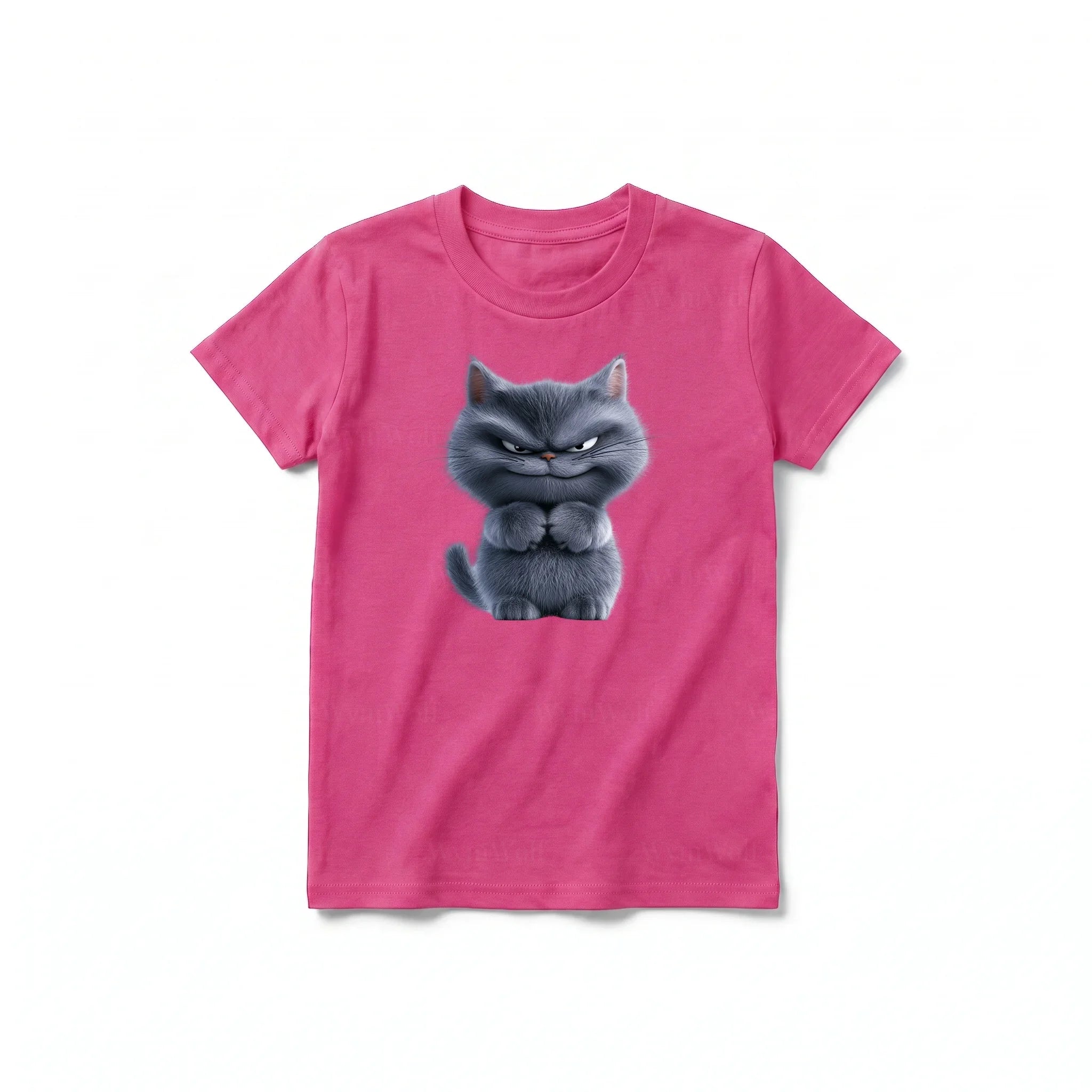A raspberry short-sleeve crewneck t-shirt for youth featuring a graphic of a cat on the front.
