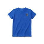 A royal short-sleeve crewneck t-shirt for youth featuring a graphic of a cat on the left chest.