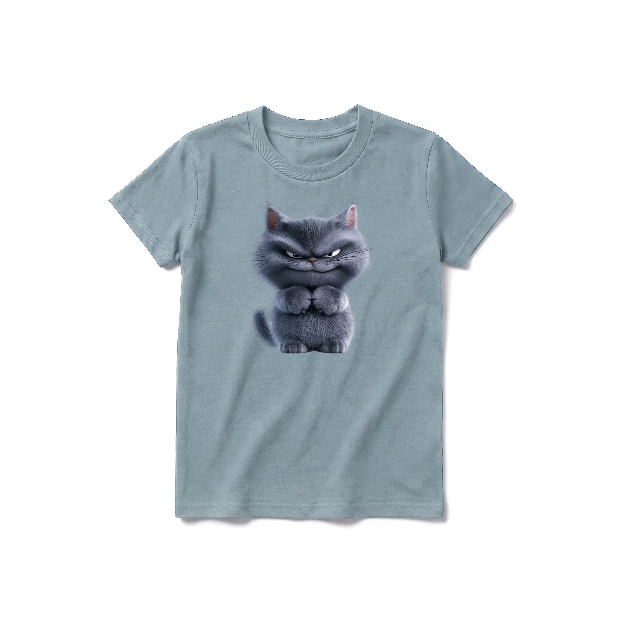 Un T-shirt sauge à manches courtes et col rond pour jeune, orné d'un motif représentant un chat sur le devant.