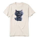 A vintage-white short-sleeve crewneck t-shirt for adult featuring a graphic of a cat on the front.