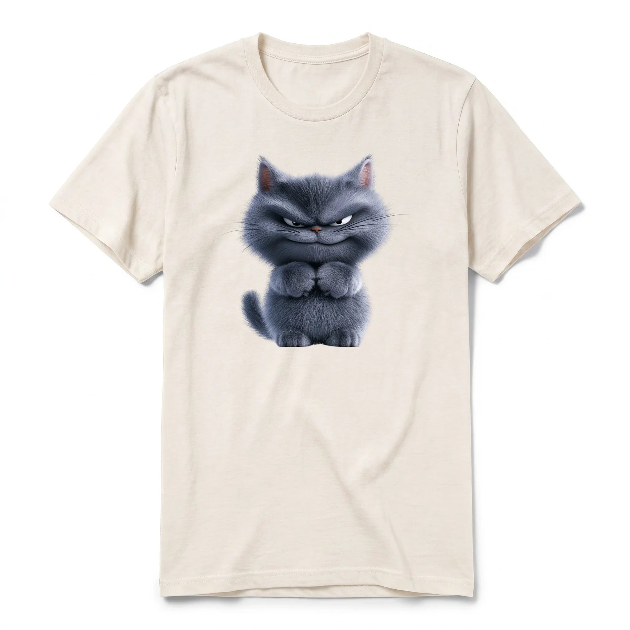 A vintage-white short-sleeve crewneck t-shirt for adult featuring a graphic of a cat on the front.