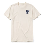 A vintage-white short-sleeve crewneck t-shirt for adult featuring a graphic of a cat on the left chest.