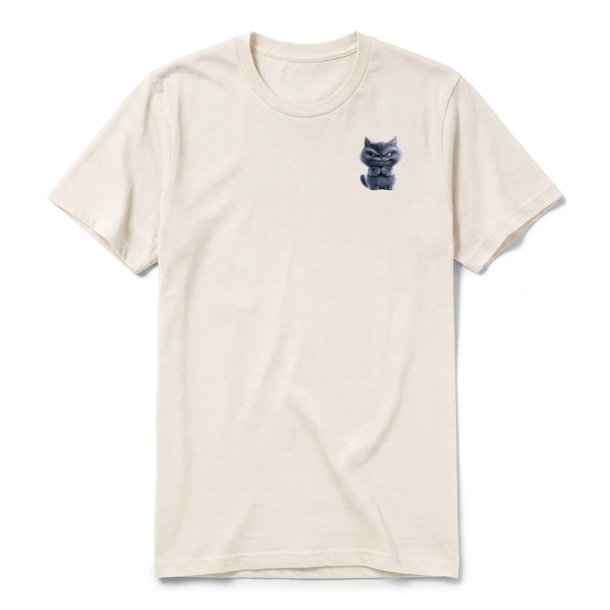 A vintage-white short-sleeve crewneck t-shirt for adult featuring a graphic of a cat on the left chest.