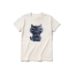 A vintage-white short-sleeve crewneck t-shirt for youth featuring a graphic of a cat on the front.