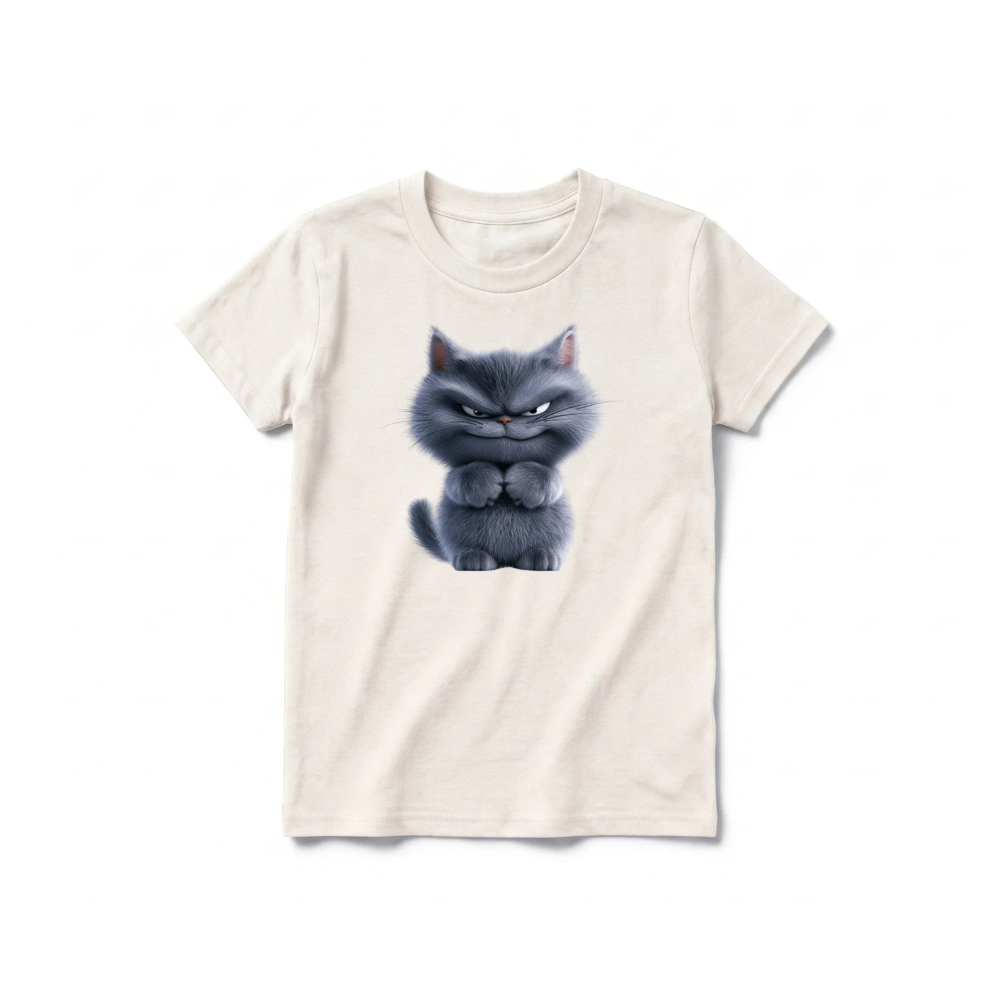 A vintage-white short-sleeve crewneck t-shirt for youth featuring a graphic of a cat on the front.