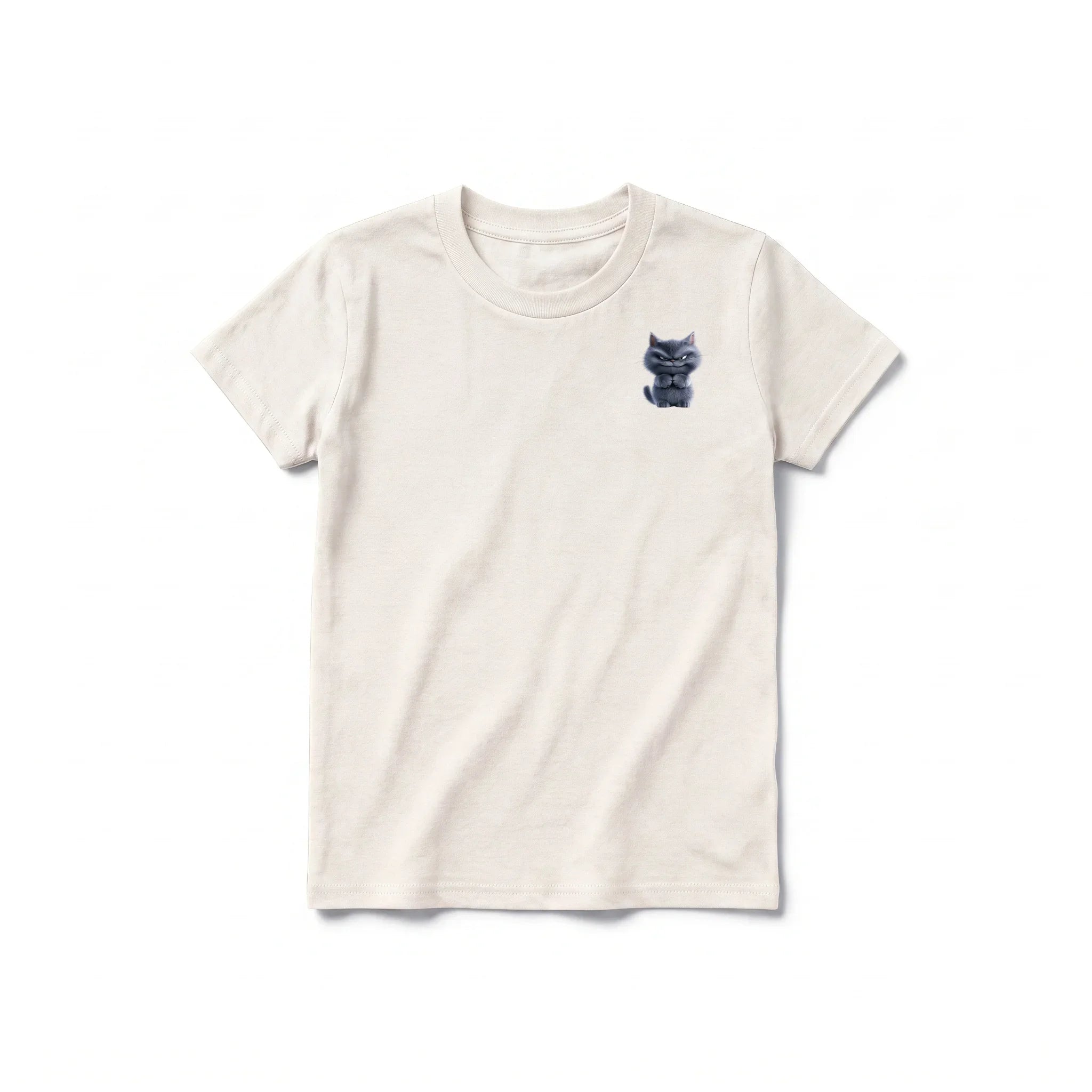 A vintage-white short-sleeve crewneck t-shirt for youth featuring a graphic of a cat on the left chest.