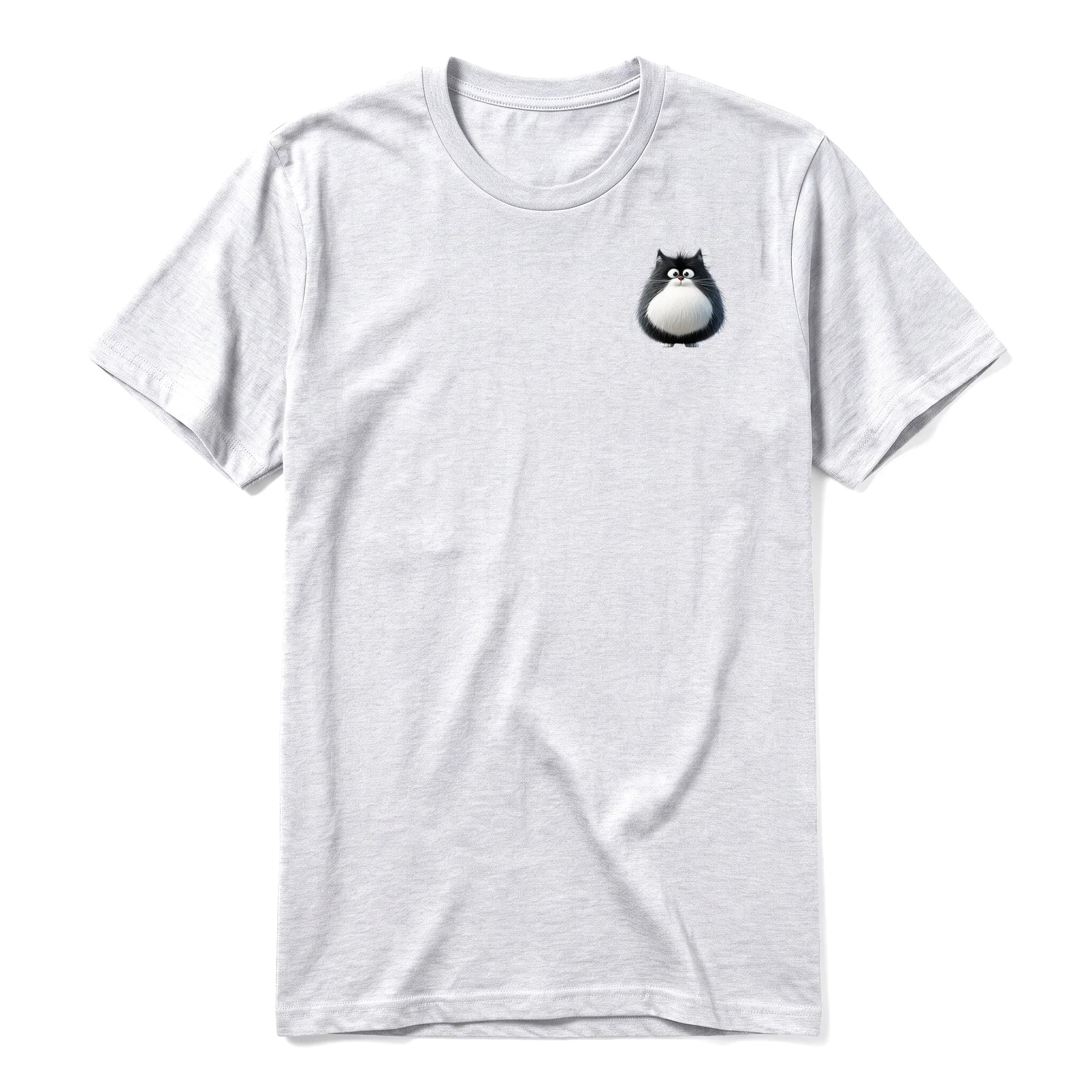A ash grey short-sleeve crewneck t-shirt for adult featuring a graphic of a cat on the left chest.