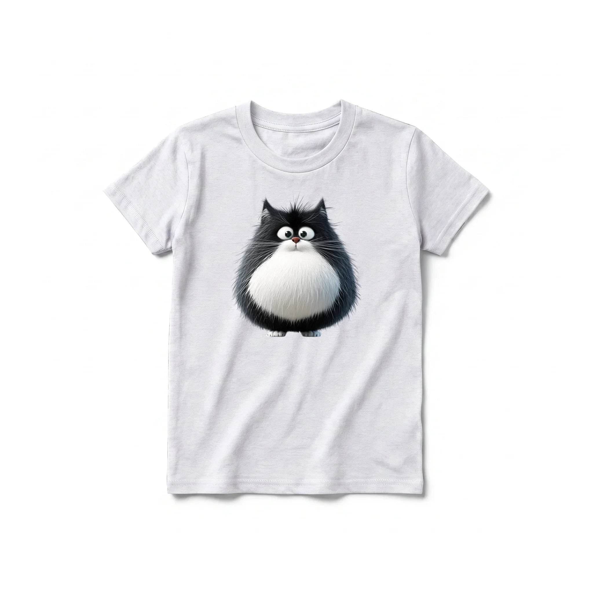 A ash grey short-sleeve crewneck t-shirt for youth featuring a graphic of a cat on the front.