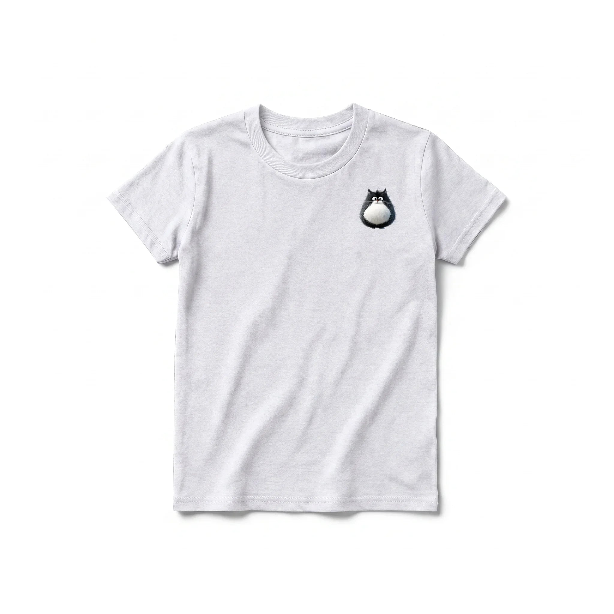 A ash grey short-sleeve crewneck t-shirt for youth featuring a graphic of a cat on the left chest.