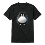 A black short-sleeve crewneck t-shirt for adult featuring a graphic of a cat on the front.