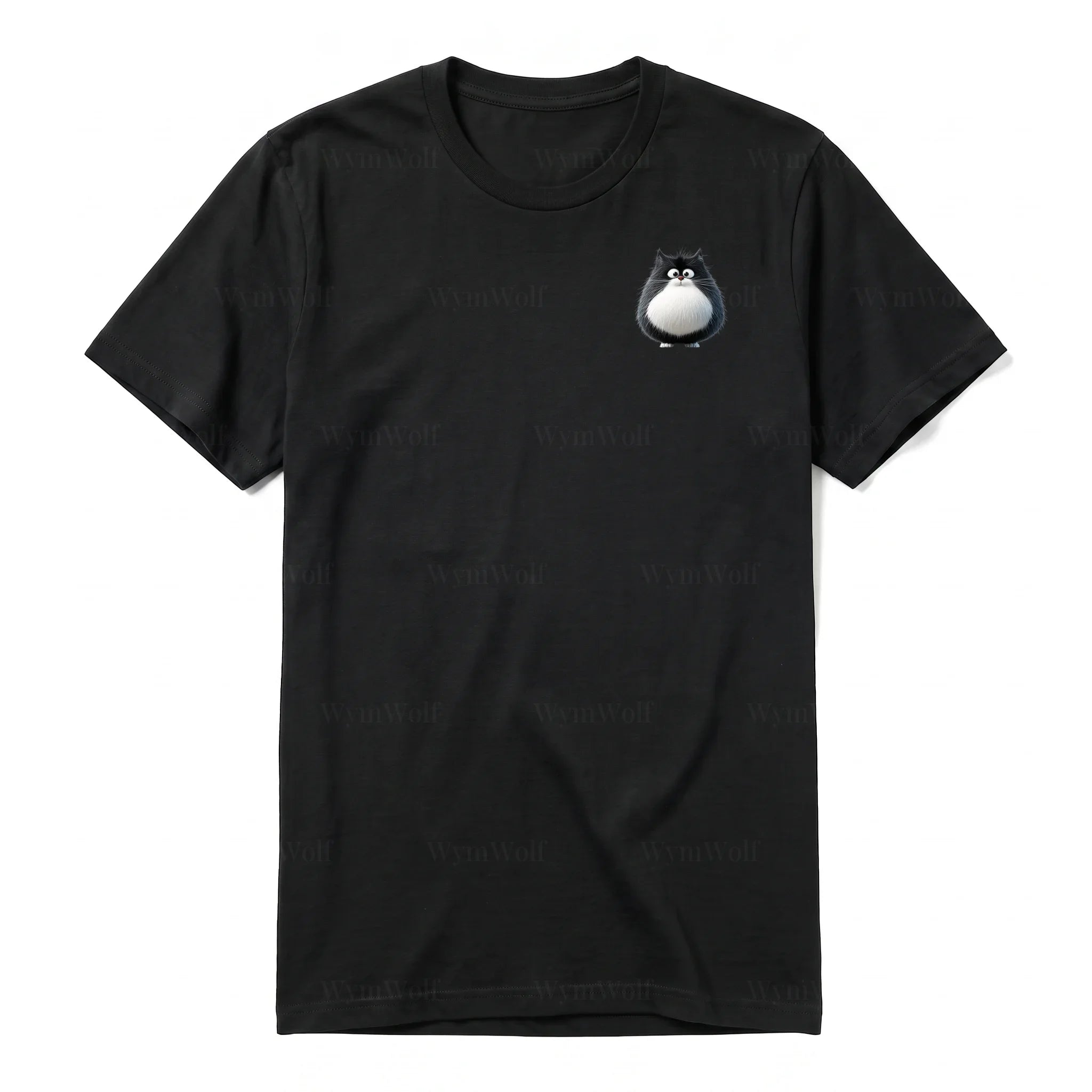 A black short-sleeve crewneck t-shirt for adult featuring a graphic of a cat on the left chest.