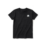 A black short-sleeve crewneck t-shirt for youth featuring a graphic of a cat on the left chest.
