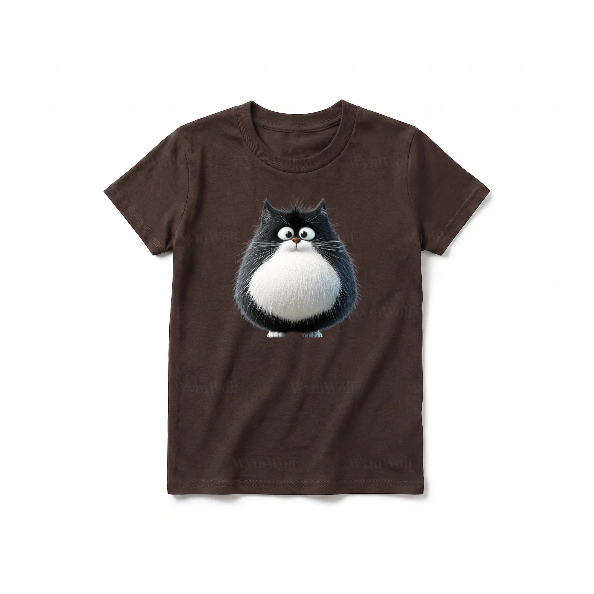 Un T-shirt chocolat à manches courtes et col rond pour jeune, orné d'un motif représentant un chat sur le devant.