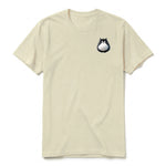 A latte short-sleeve crewneck t-shirt for adult featuring a graphic of a cat on the left chest.