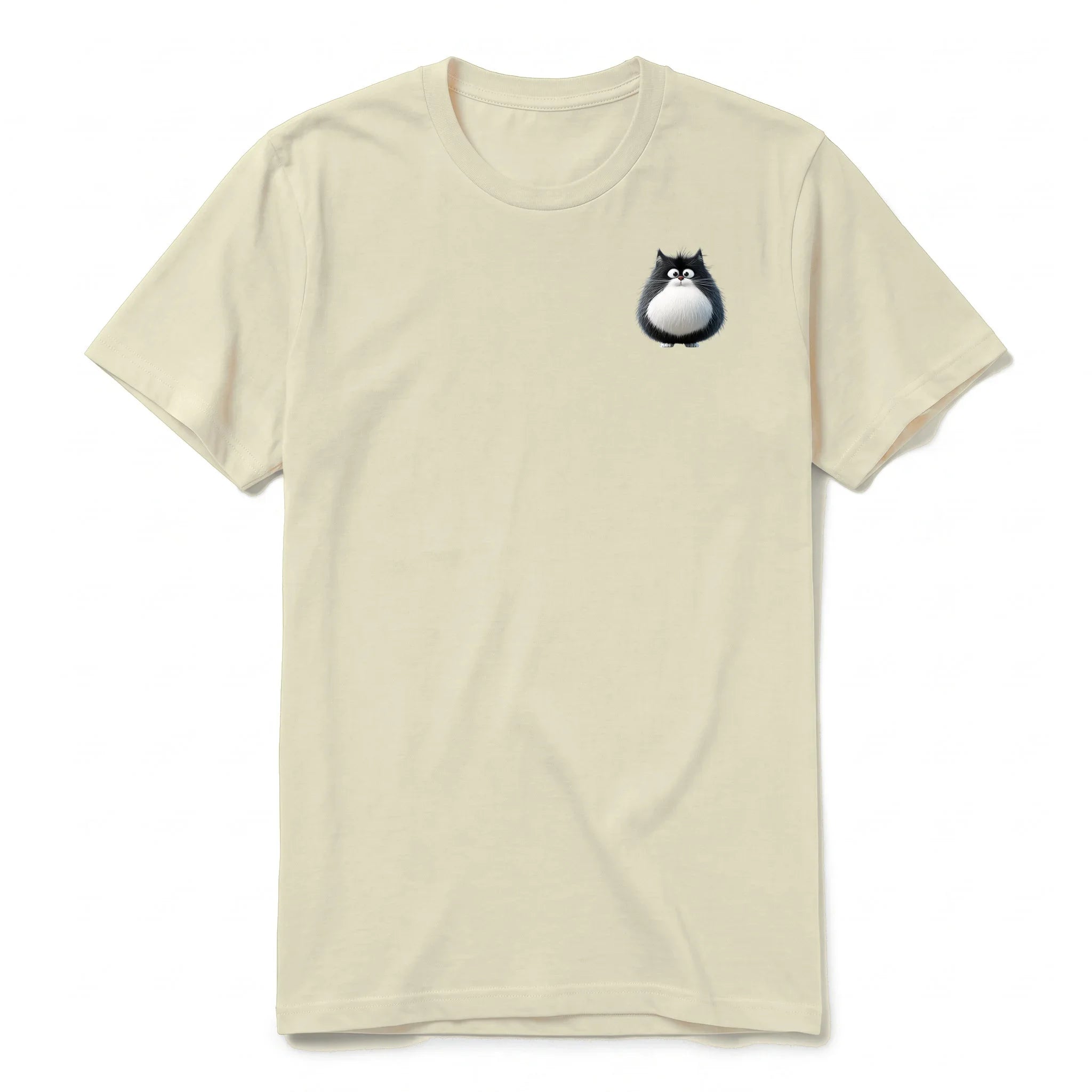 A latte short-sleeve crewneck t-shirt for adult featuring a graphic of a cat on the left chest.