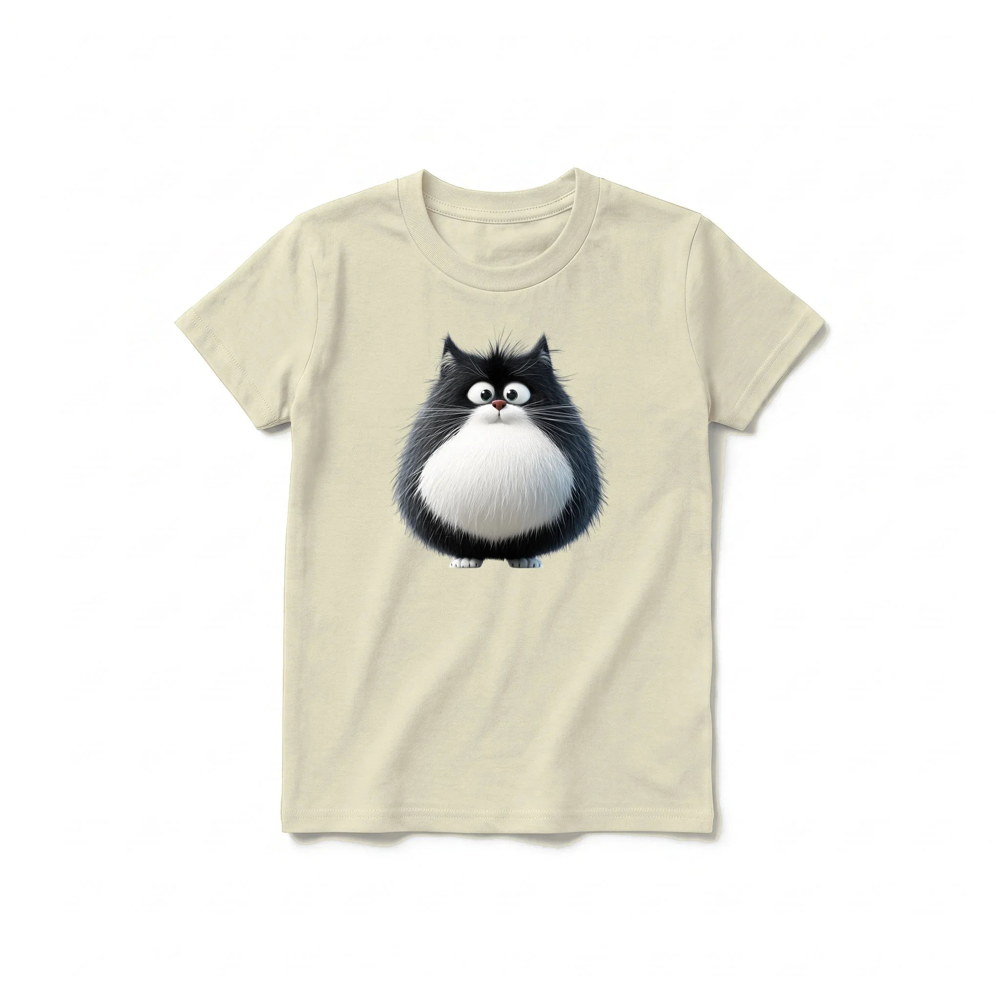 A latte short-sleeve crewneck t-shirt for youth featuring a graphic of a cat on the front.