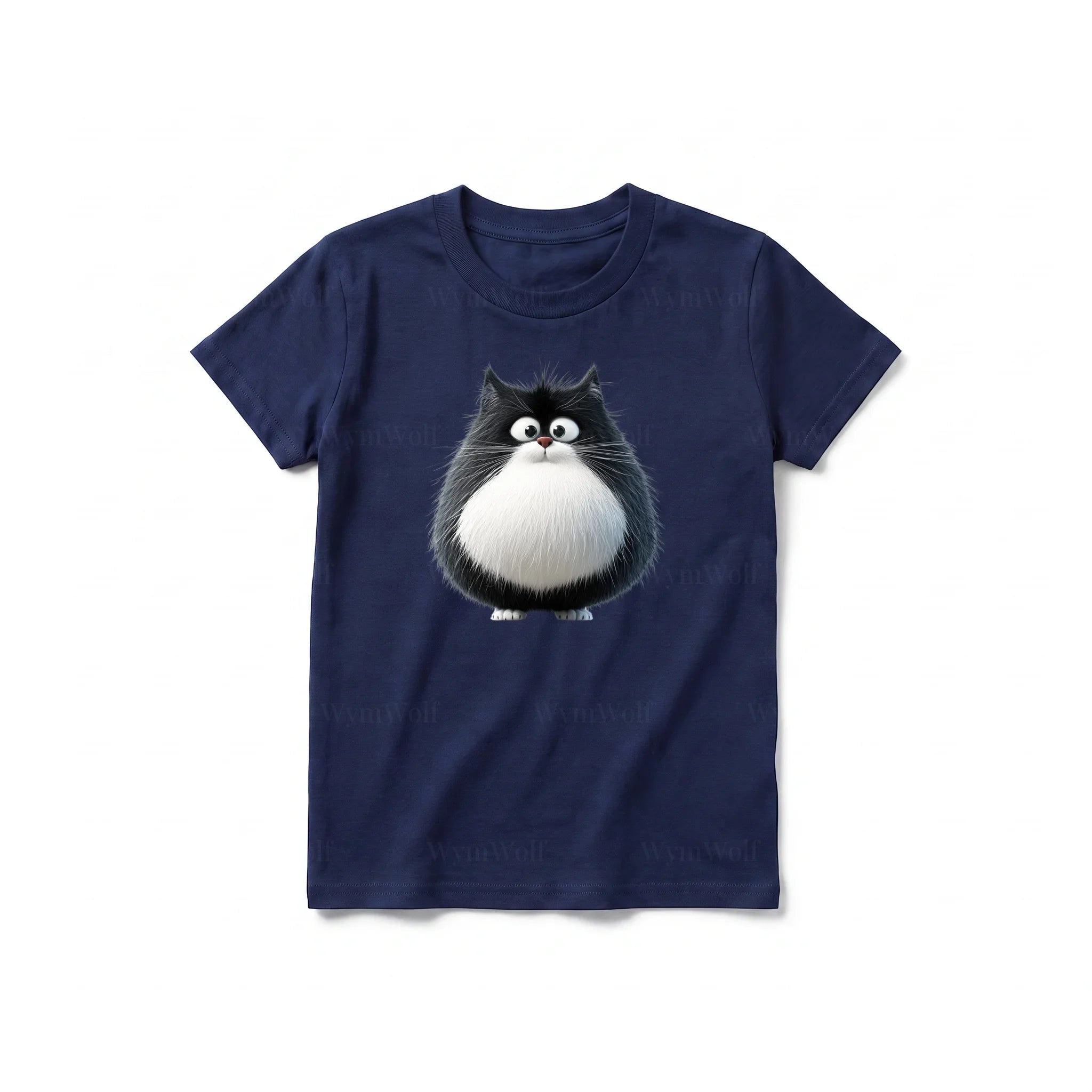 Un T-shirt marine à manches courtes et col rond pour jeune, orné d'un motif représentant un chat sur le devant.
