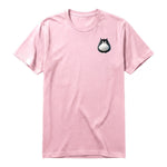 A pink short-sleeve crewneck t-shirt for adult featuring a graphic of a cat on the left chest.