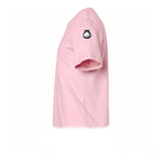 A pink short-sleeve crewneck t-shirt  featuring a small graphic of a cat on the upper left sleeve.