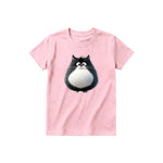 A pink short-sleeve crewneck t-shirt for youth featuring a graphic of a cat on the front.