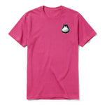A raspberry short-sleeve crewneck t-shirt for adult featuring a graphic of a cat on the left chest.