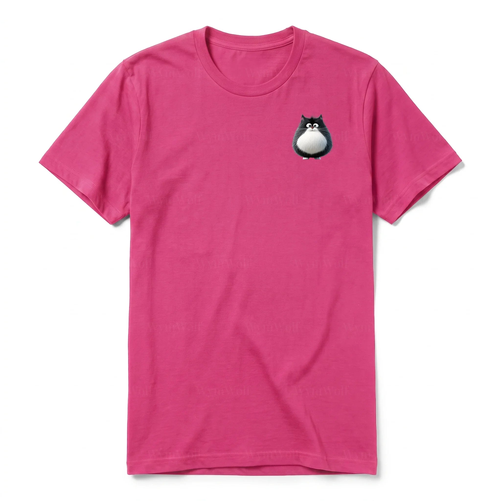 A raspberry short-sleeve crewneck t-shirt for adult featuring a graphic of a cat on the left chest.