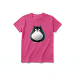 A raspberry short-sleeve crewneck t-shirt for youth featuring a graphic of a cat on the front.
