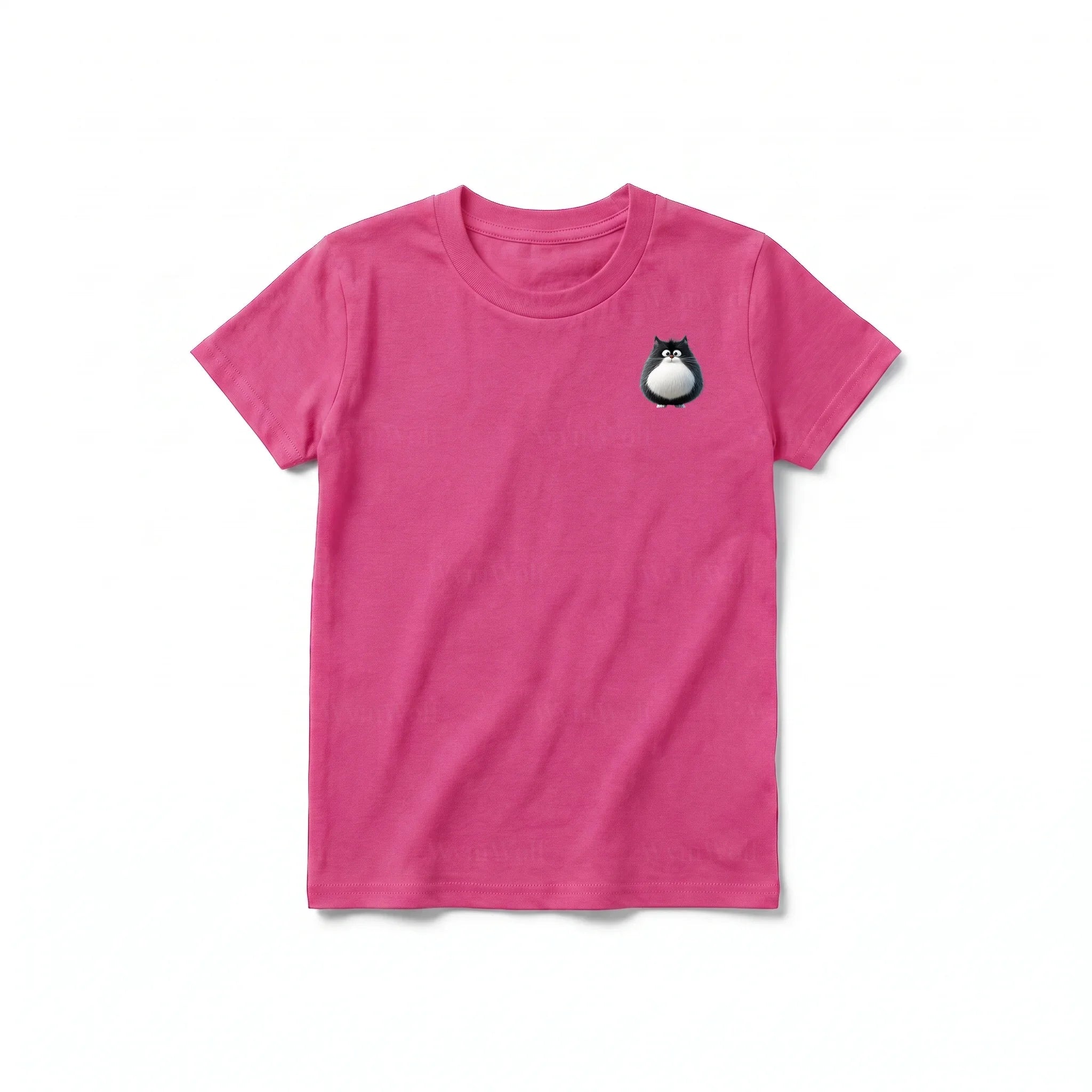 A raspberry short-sleeve crewneck t-shirt for youth featuring a graphic of a cat on the left chest.
