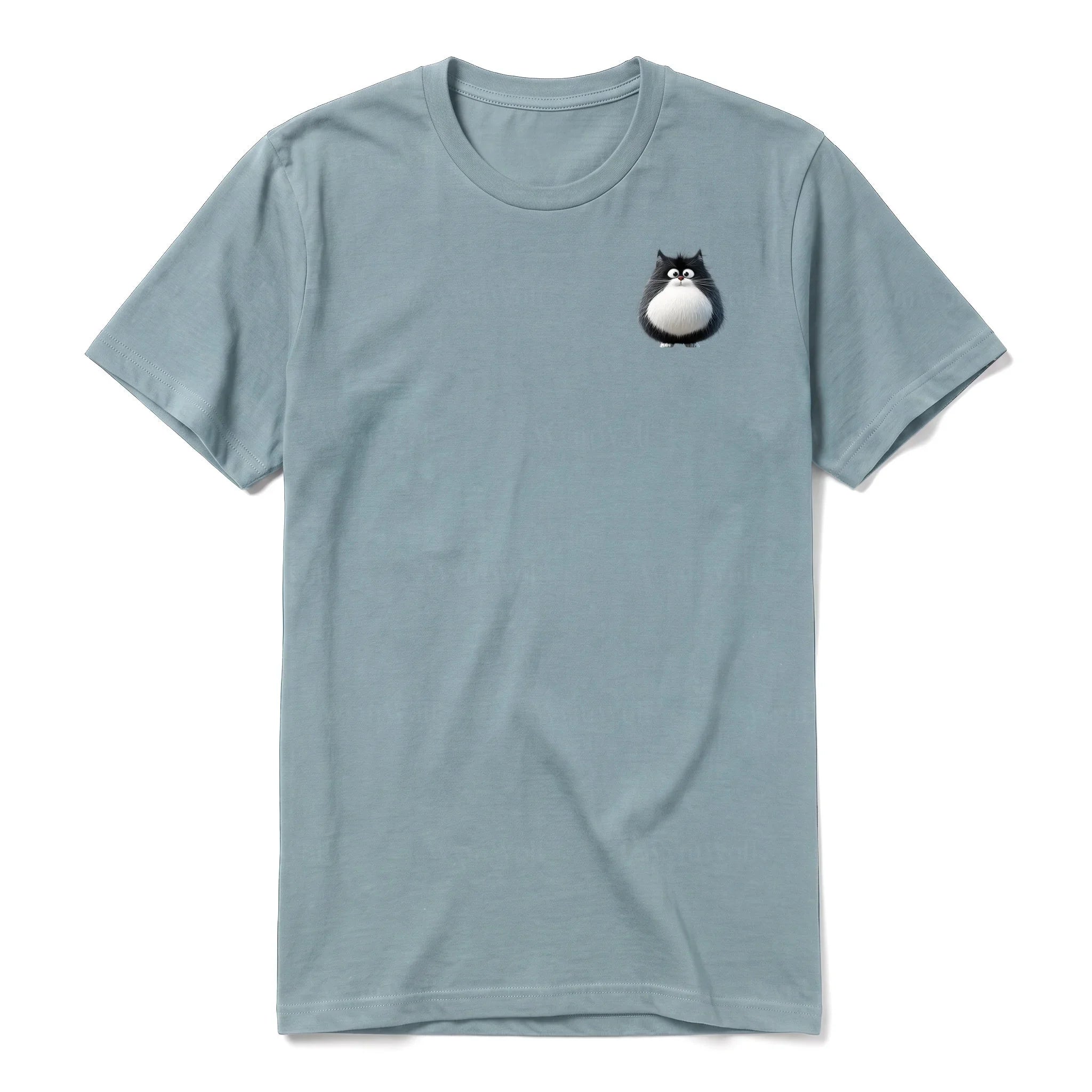 A sage short-sleeve crewneck t-shirt for adult featuring a graphic of a cat on the left chest.