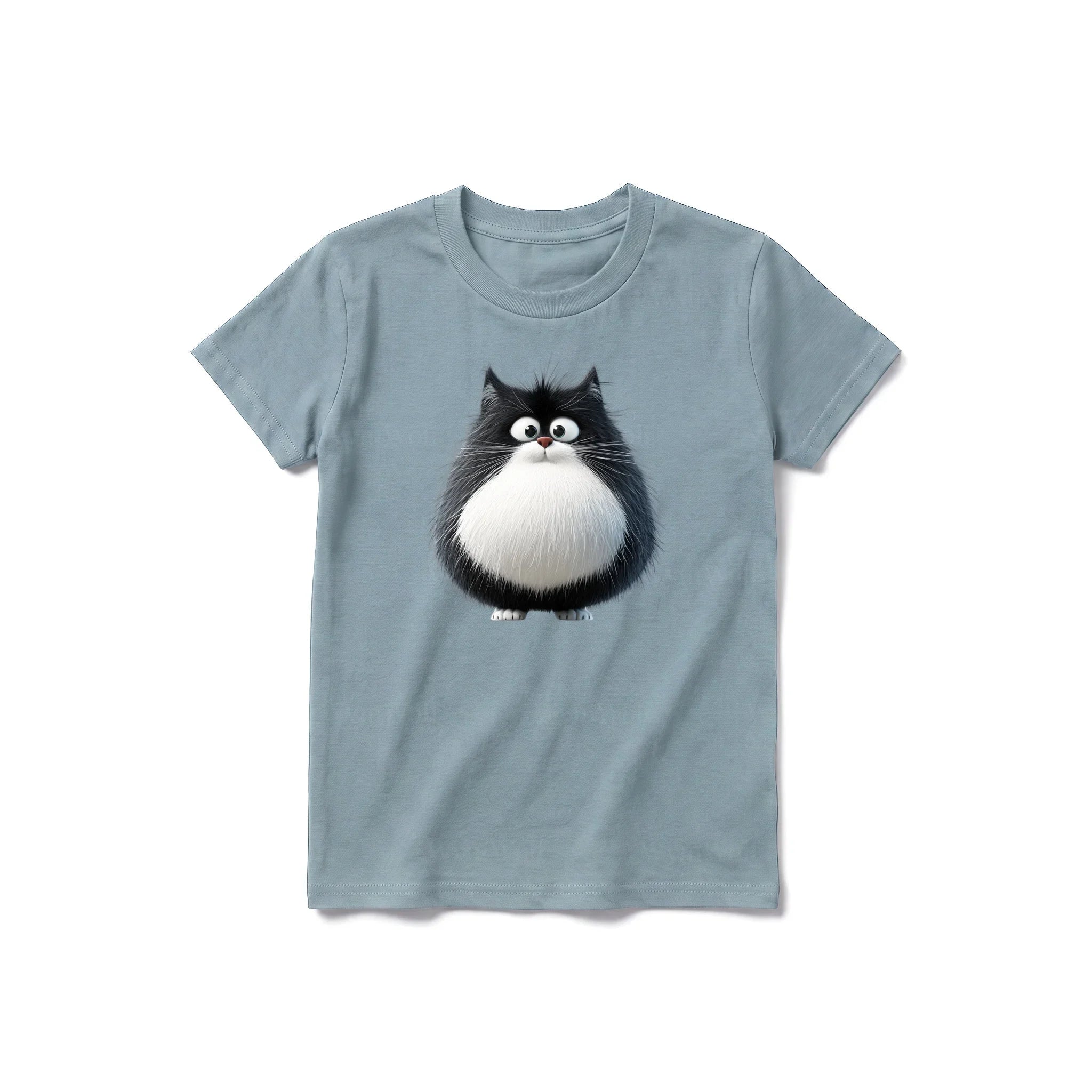 A sage short-sleeve crewneck t-shirt for youth featuring a graphic of a cat on the front.