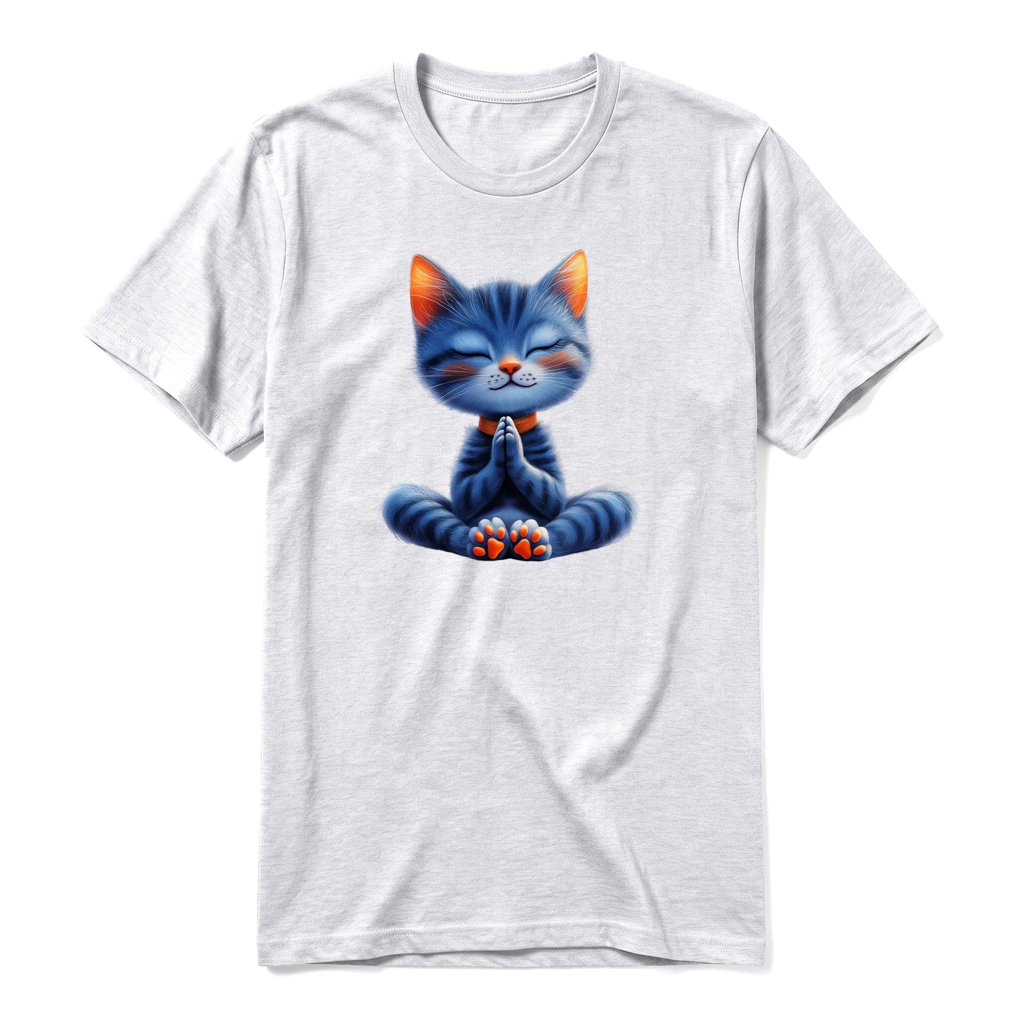 A ash grey short-sleeve crewneck t-shirt for adult featuring a graphic of a cat on the front.