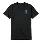 A black short-sleeve crewneck t-shirt for adult featuring a graphic of a cat on the left chest.