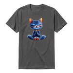 A charcoal short-sleeve crewneck t-shirt for adult featuring a graphic of a cat on the front.