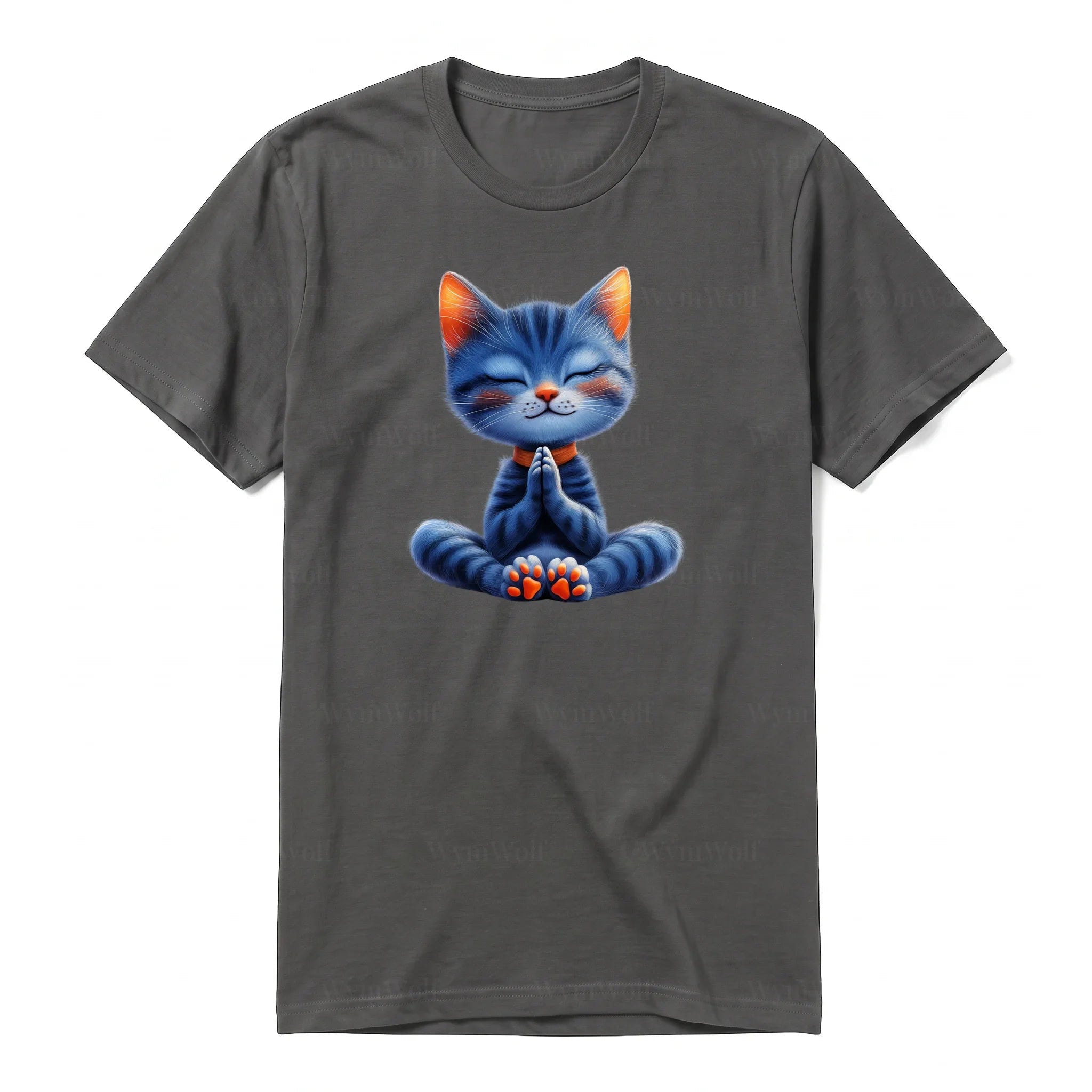 A charcoal short-sleeve crewneck t-shirt for adult featuring a graphic of a cat on the front.