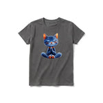 A charcoal short-sleeve crewneck t-shirt for youth featuring a graphic of a cat on the front.