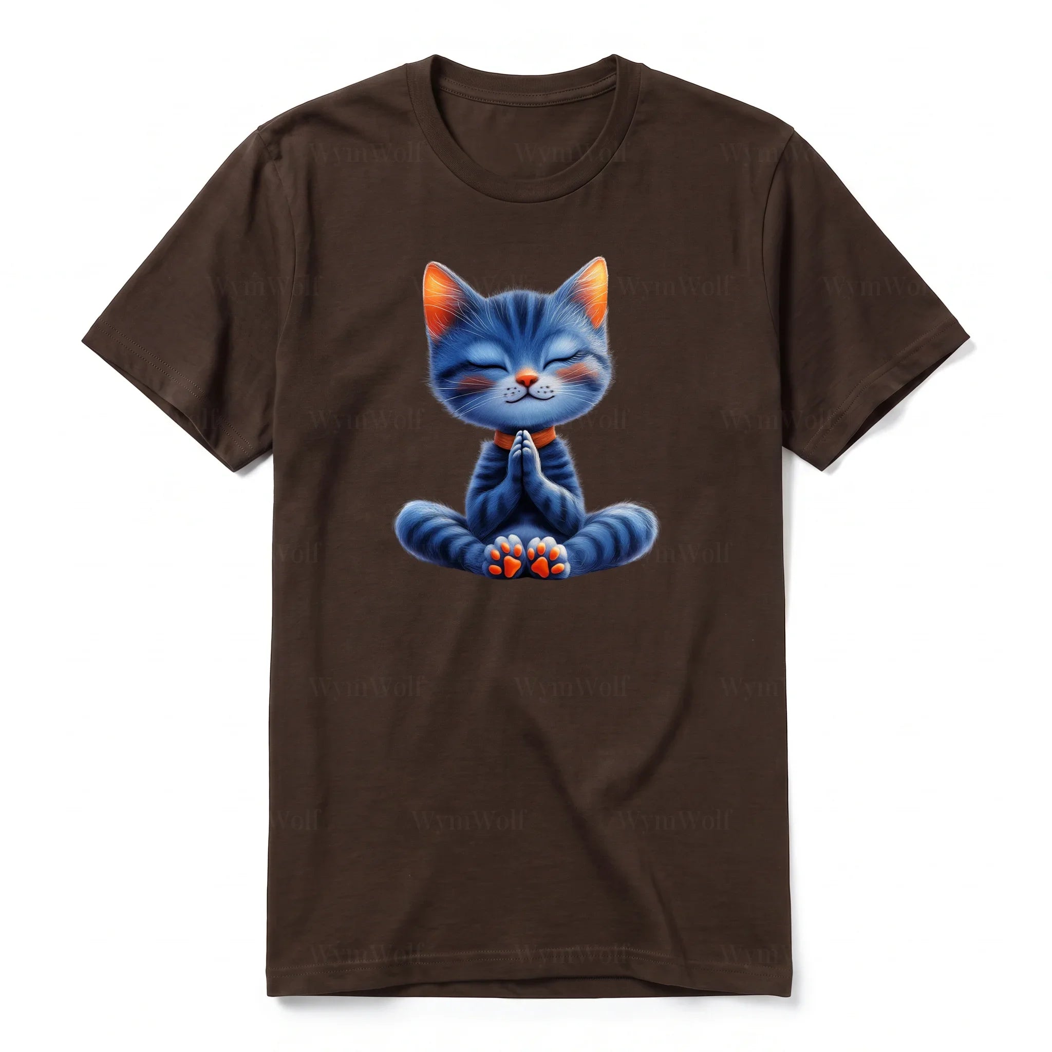 A chocolate short-sleeve crewneck t-shirt for adult featuring a graphic of a cat on the front.