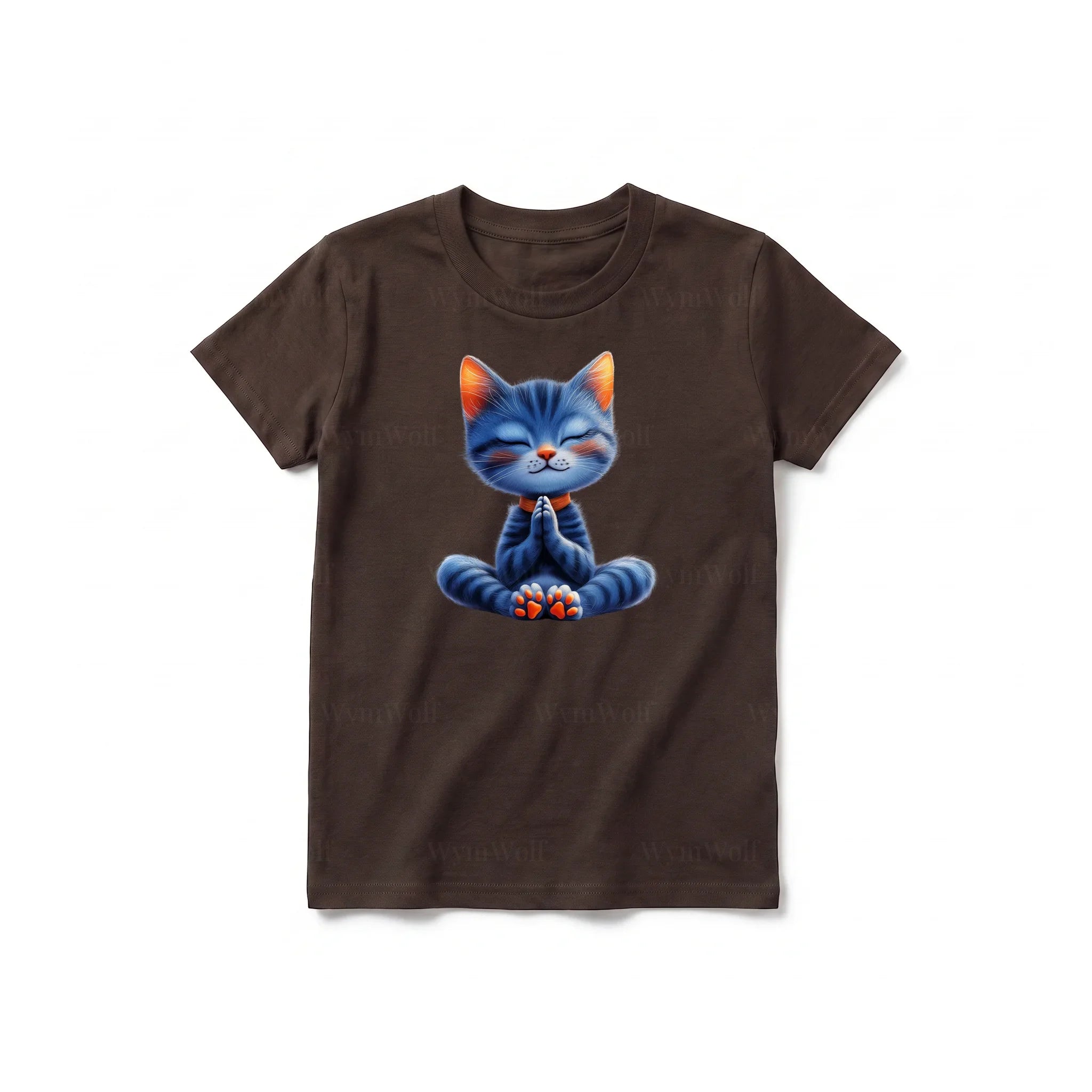 A chocolate short-sleeve crewneck t-shirt for youth featuring a graphic of a cat on the front.