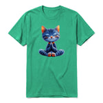 A kelly short-sleeve crewneck t-shirt for adult featuring a graphic of a cat on the front.