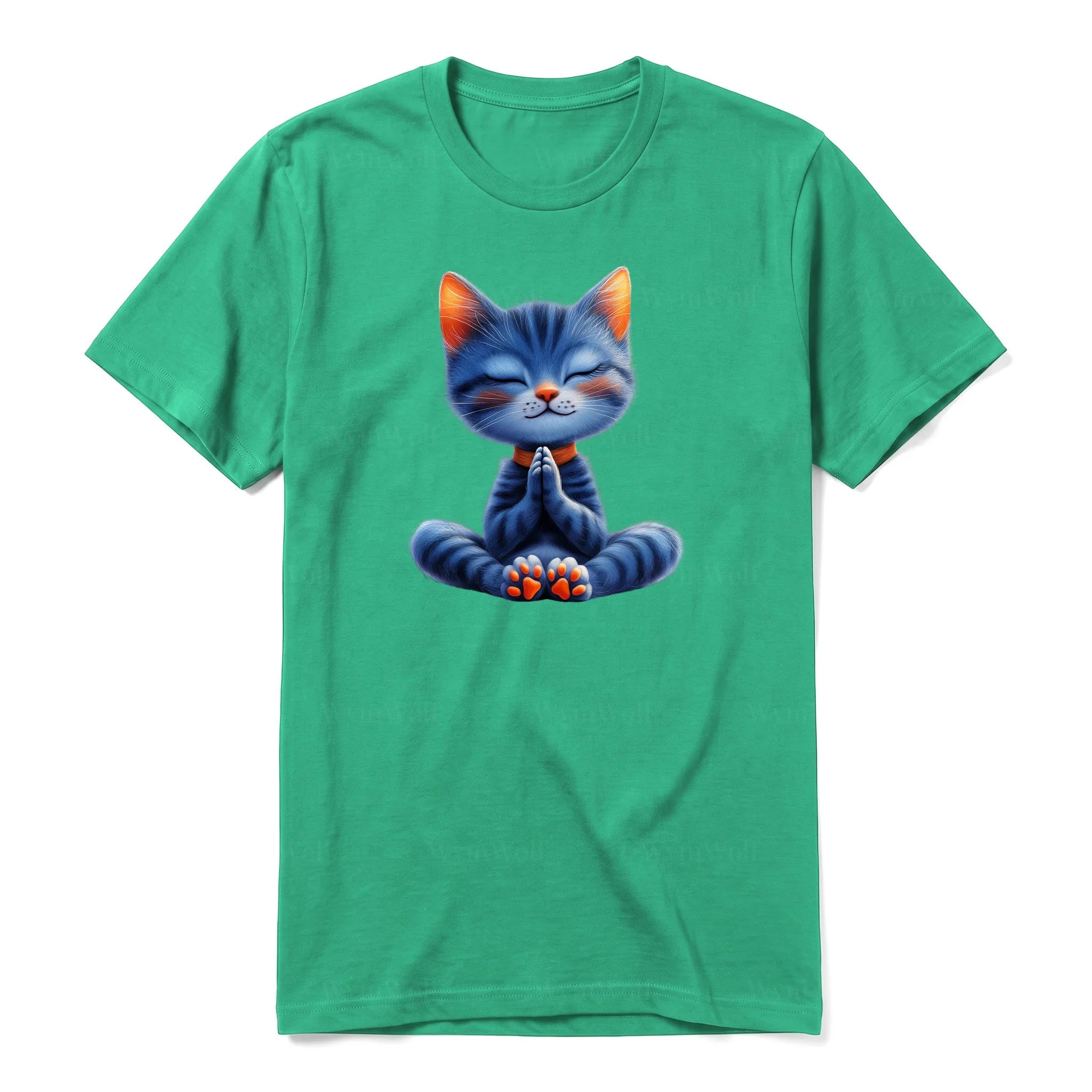 A kelly short-sleeve crewneck t-shirt for adult featuring a graphic of a cat on the front.