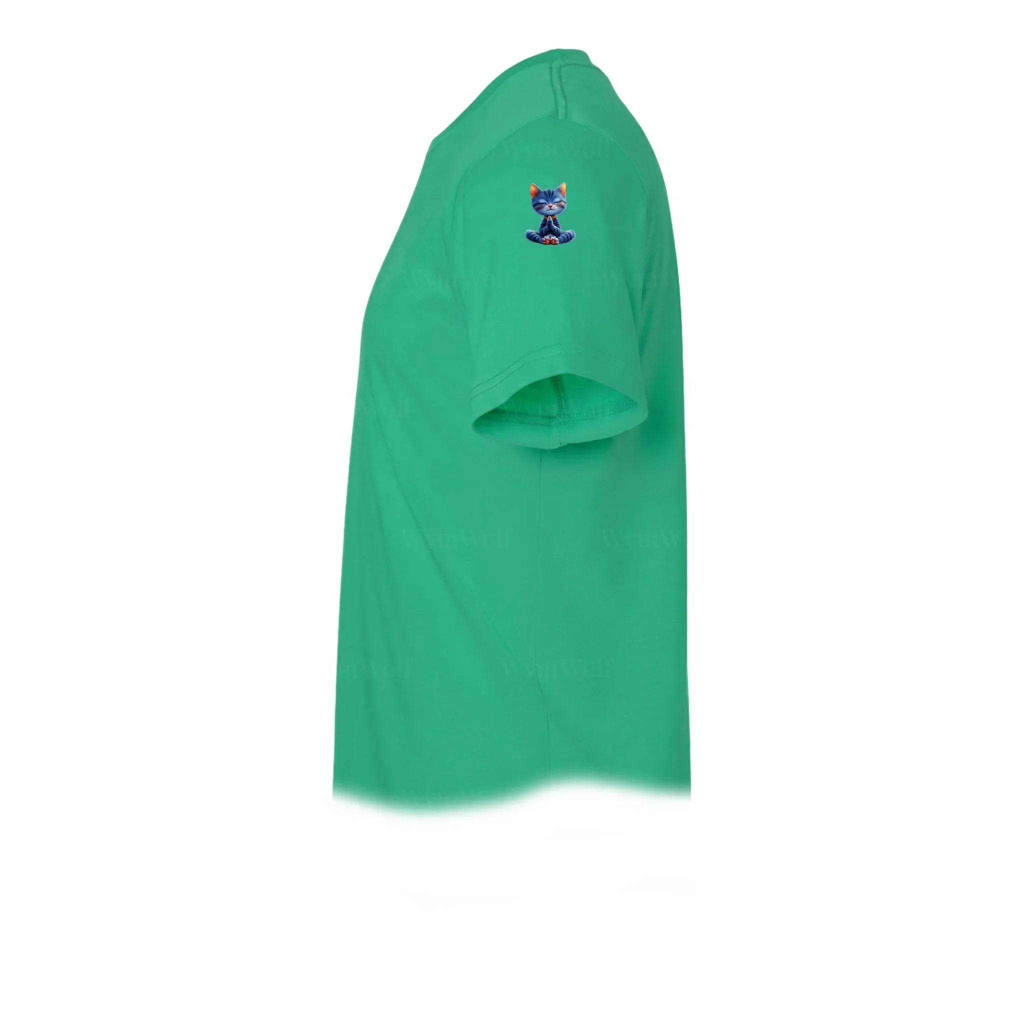 A kelly short-sleeve crewneck t-shirt  featuring a small graphic of a cat on the upper left sleeve.