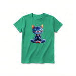 A kelly short-sleeve crewneck t-shirt for youth featuring a graphic of a cat on the front.